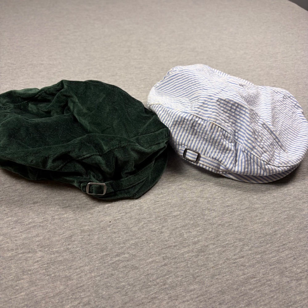 Janie and Jack Flat Cap Boys 6 to 8 Green Blue Seersucker Velvet Driving Hat 2pk